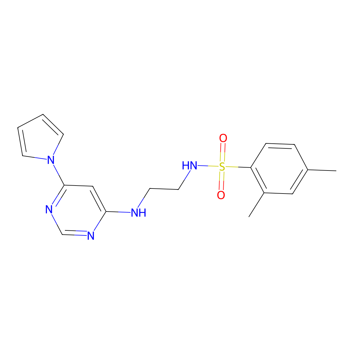 N-(2-((6-(1H-pyrrol-1-yl)pyrimidin-4-yl)amino)ethyl)-2,4-dimethylbenzenesulfonamide molecular structure, CAS 1421467-25-5