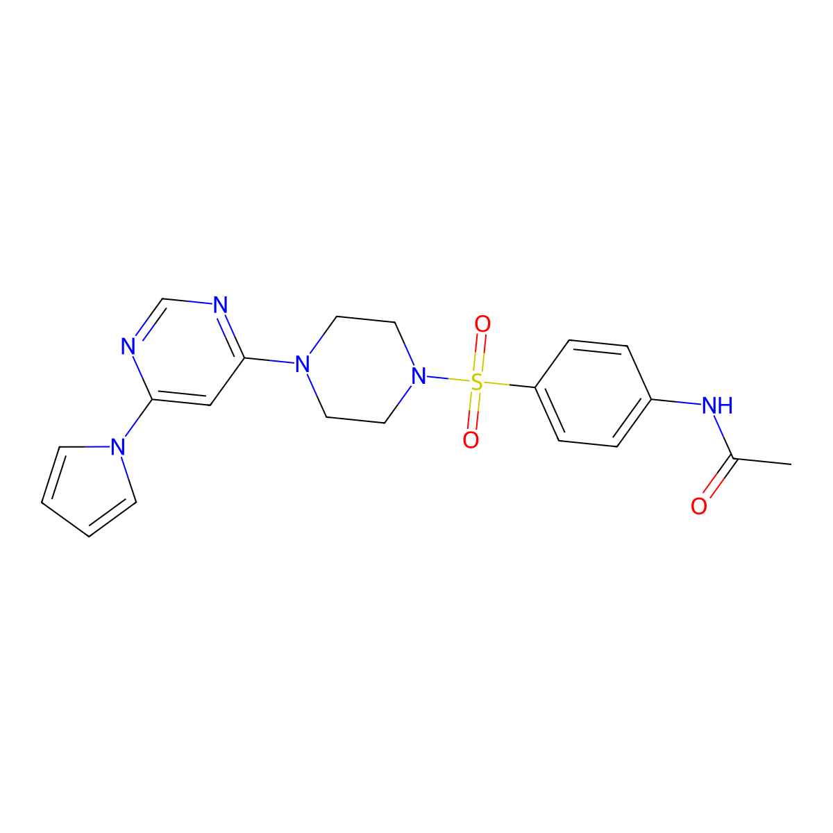 N-(4-((4-(6-(1H-pyrrol-1-yl)pyrimidin-4-yl)piperazin-1-yl)sulfonyl)phenyl)acetamide molecular structure, CAS 1421467-32-4
