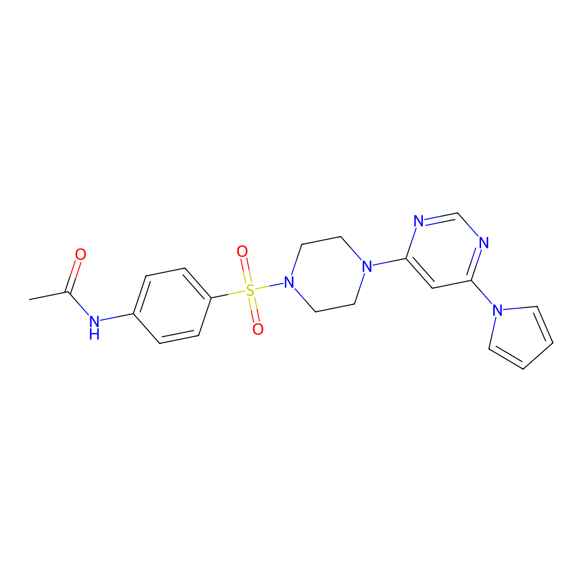 N-(4-((4-(6-(1H-pyrrol-1-yl)pyrimidin-4-yl)piperazin-1-yl)sulfonyl)phenyl)acetamide molecular structure, CAS 1421467-32-4