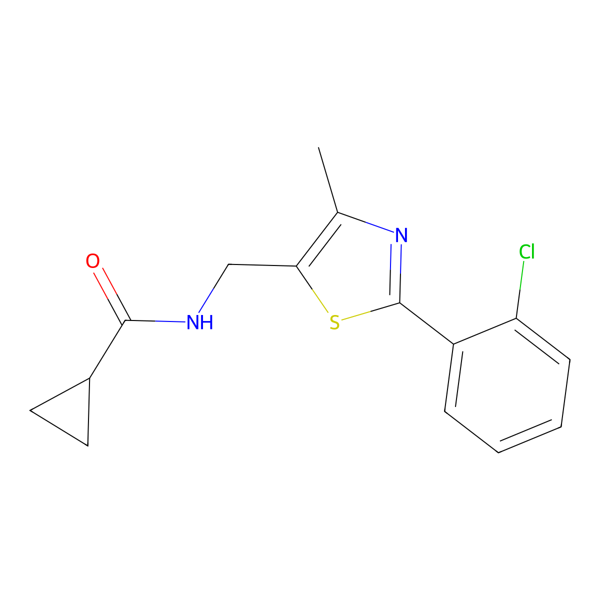 N-{[2-(2-Chlorophenyl)-4-methyl-1,3-thiazol-5-YL]methyl}cyclopropanecarboxamide molecular structure, CAS 1421467-50-6