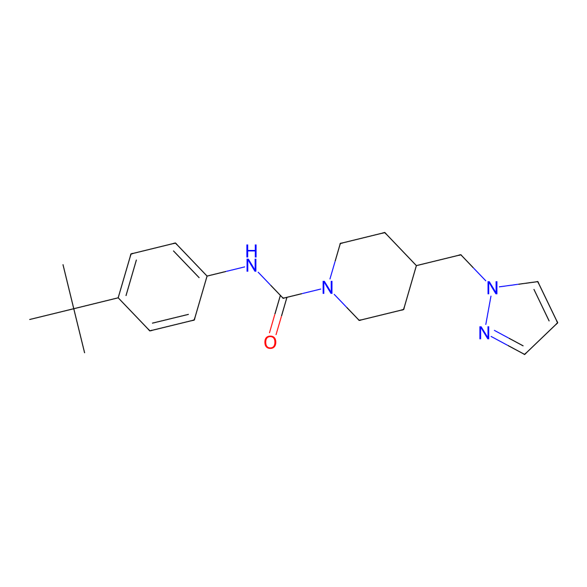 4-((1H-pyrazol-1-yl)methyl)-N-(4-(tert-butyl)phenyl)piperidine-1-carboxamide molecular structure, CAS 1421467-55-1