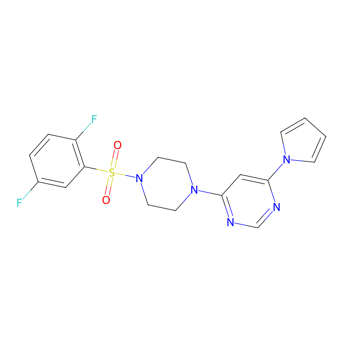 4-(4-((2,5-difluorophenyl)sulfonyl)piperazin-1-yl)-6-(1H-pyrrol-1-yl)pyrimidine molecular structure, CAS 1421467-65-3