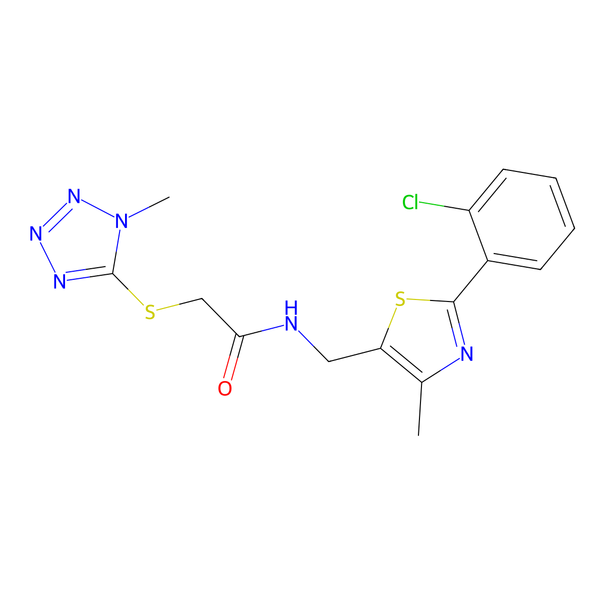 N-((2-(2-chlorophenyl)-4-methylthiazol-5-yl)methyl)-2-((1-methyl-1H-tetrazol-5-yl)thio)acetamide molecular structure, CAS 1421467-72-2