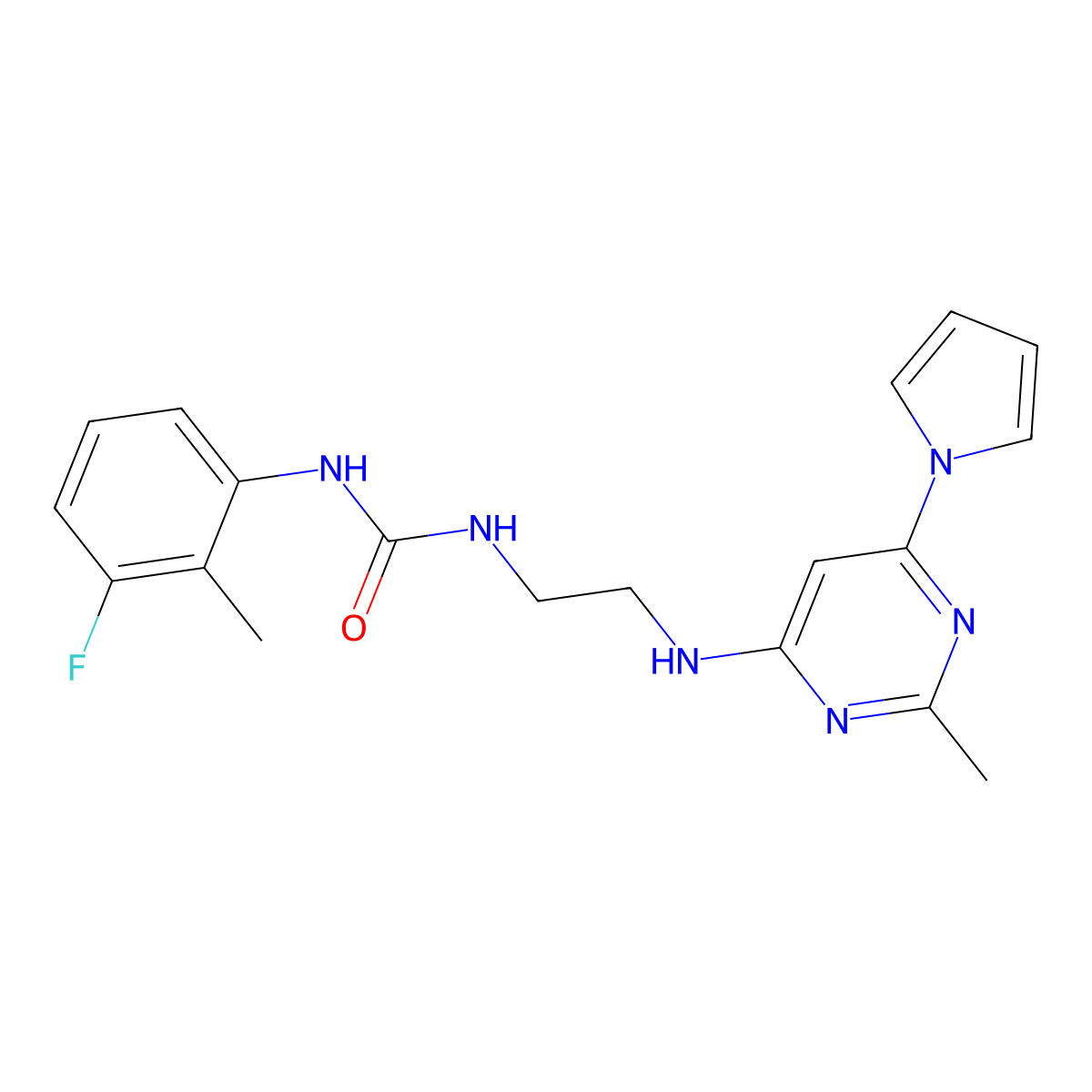 1-(3-fluoro-2-methylphenyl)-3-(2-{[2-methyl-6-(1H-pyrrol-1-yl)pyrimidin-4-yl]amino}ethyl)urea molecular structure, CAS 1421467-79-9