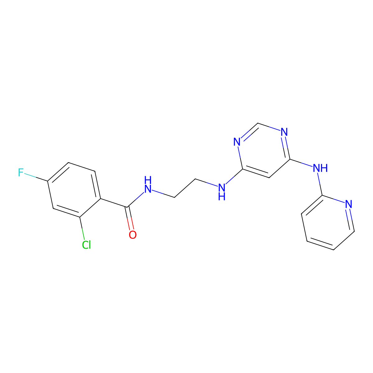2-chloro-4-fluoro-N-(2-((6-(pyridin-2-ylamino)pyrimidin-4-yl)amino)ethyl)benzamide molecular structure, CAS 1421467-93-7
