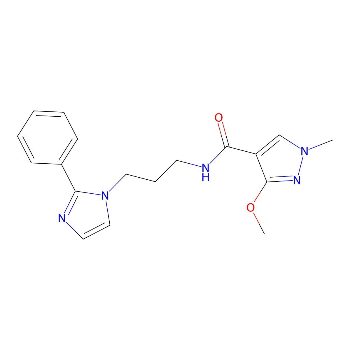 3-methoxy-1-methyl-N-(3-(2-phenyl-1H-imidazol-1-yl)propyl)-1H-pyrazole-4-carboxamide molecular structure, CAS 1421467-98-2