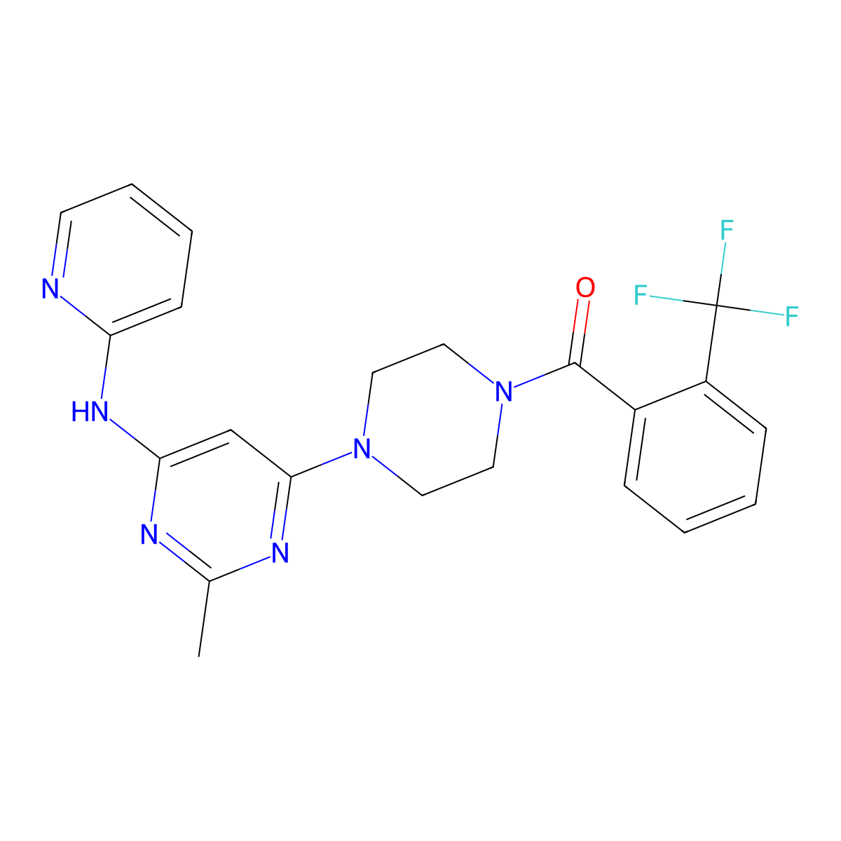 (4-(2-Methyl-6-(pyridin-2-ylamino)pyrimidin-4-yl)piperazin-1-yl)(2-(trifluoromethyl)phenyl)methanone molecular structure, CAS 1421468-03-2