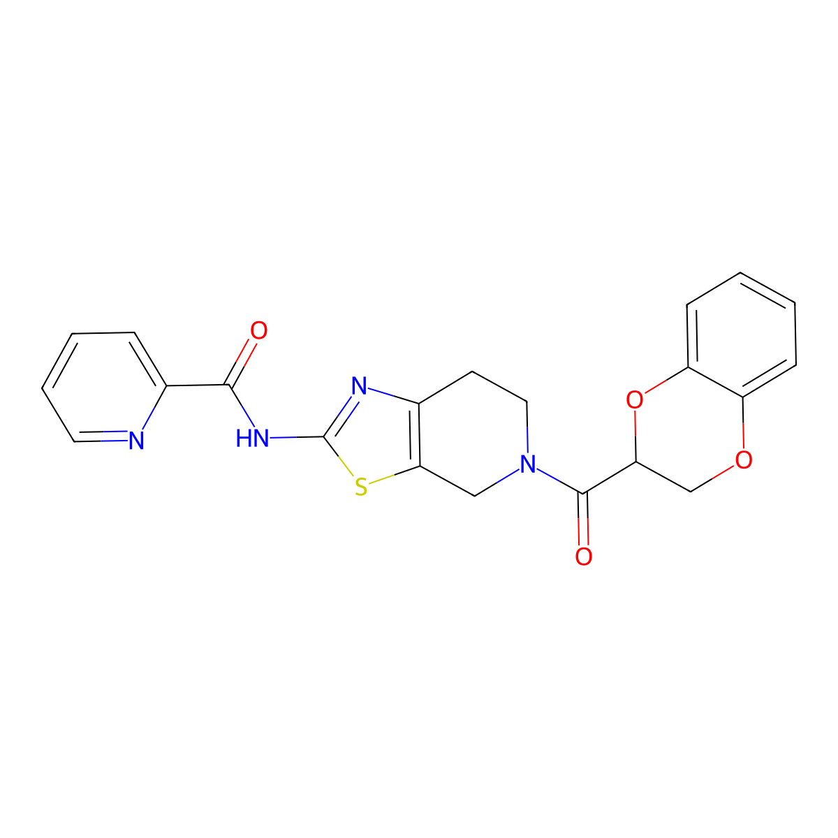 N-(5-(2,3-dihydrobenzo[b][1,4]dioxine-2-carbonyl)-4,5,6,7-tetrahydrothiazolo[5,4-c]pyridin-2-yl)picolinamide molecular structure, CAS 1421468-19-0