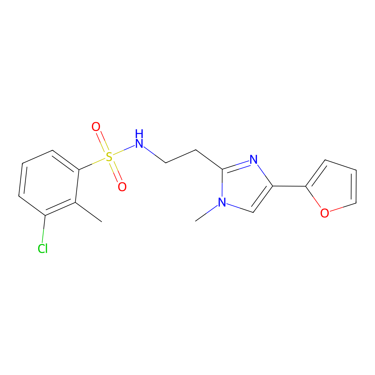 3-chloro-N-(2-(4-(furan-2-yl)-1-methyl-1H-imidazol-2-yl)ethyl)-2-methylbenzenesulfonamide molecular structure, CAS 1421468-29-2