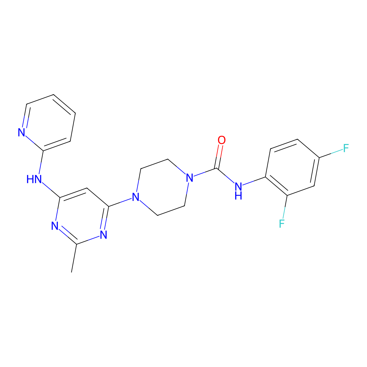 N-(2,4-difluorophenyl)-4-(2-methyl-6-(pyridin-2-ylamino)pyrimidin-4-yl)piperazine-1-carboxamide molecular structure, CAS 1421468-32-7
