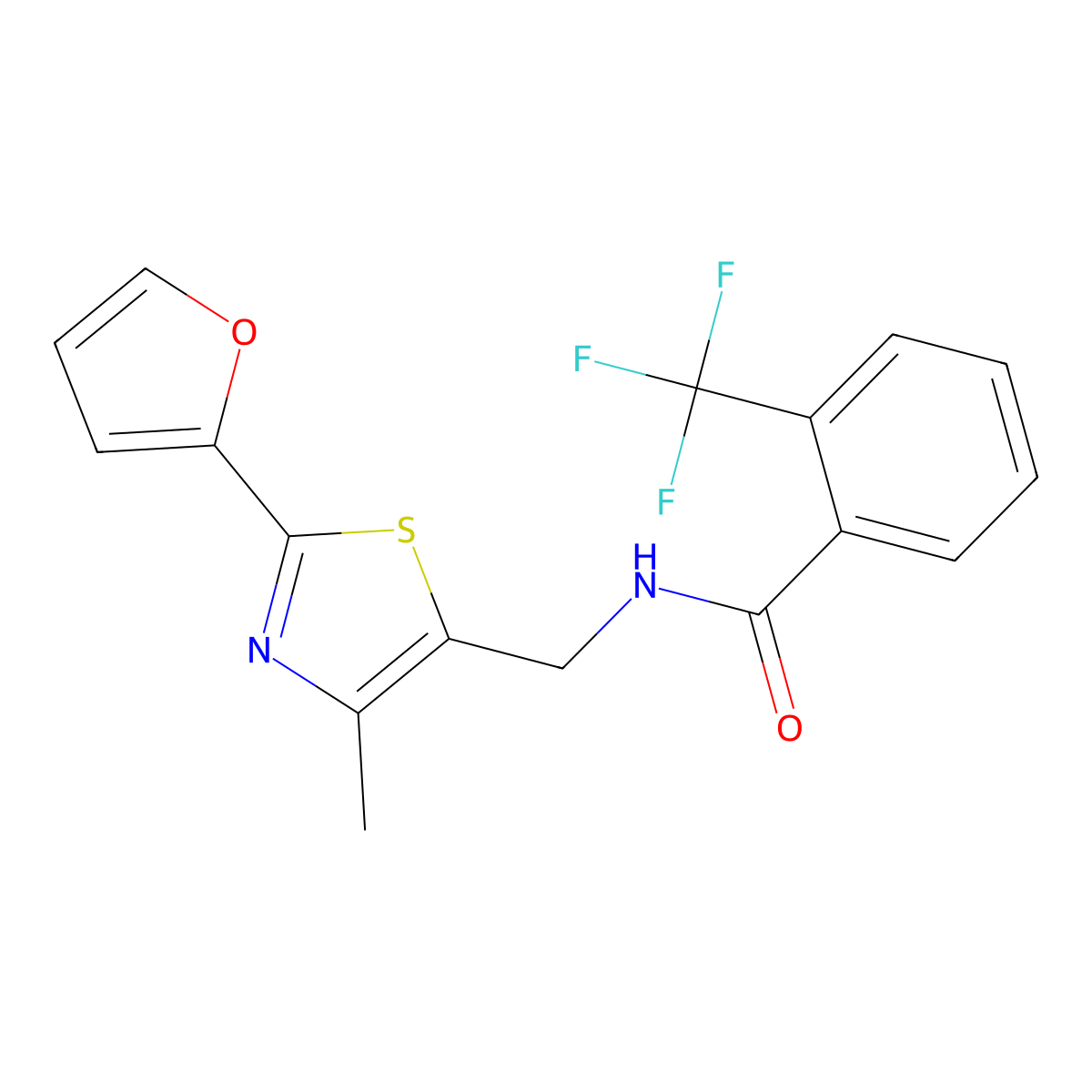 N-((2-(furan-2-yl)-4-methylthiazol-5-yl)methyl)-2-(trifluoromethyl)benzamide molecular structure, CAS 1421468-39-4
