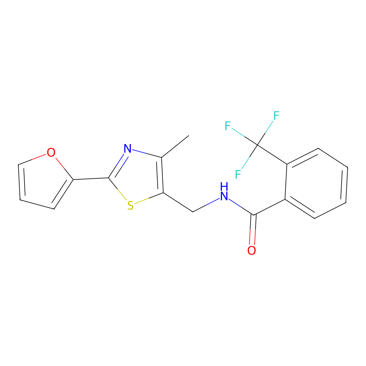 N-((2-(furan-2-yl)-4-methylthiazol-5-yl)methyl)-2-(trifluoromethyl)benzamide molecular structure, CAS 1421468-39-4
