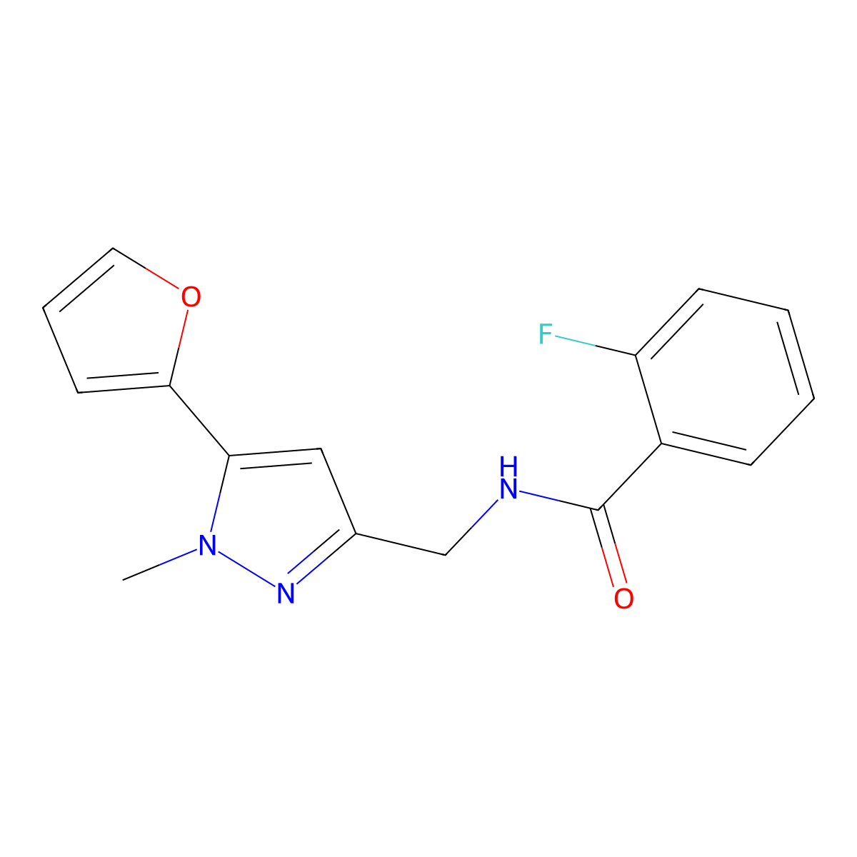 2-fluoro-N-((5-(furan-2-yl)-1-methyl-1H-pyrazol-3-yl)methyl)benzamide molecular structure, CAS 1421468-51-0