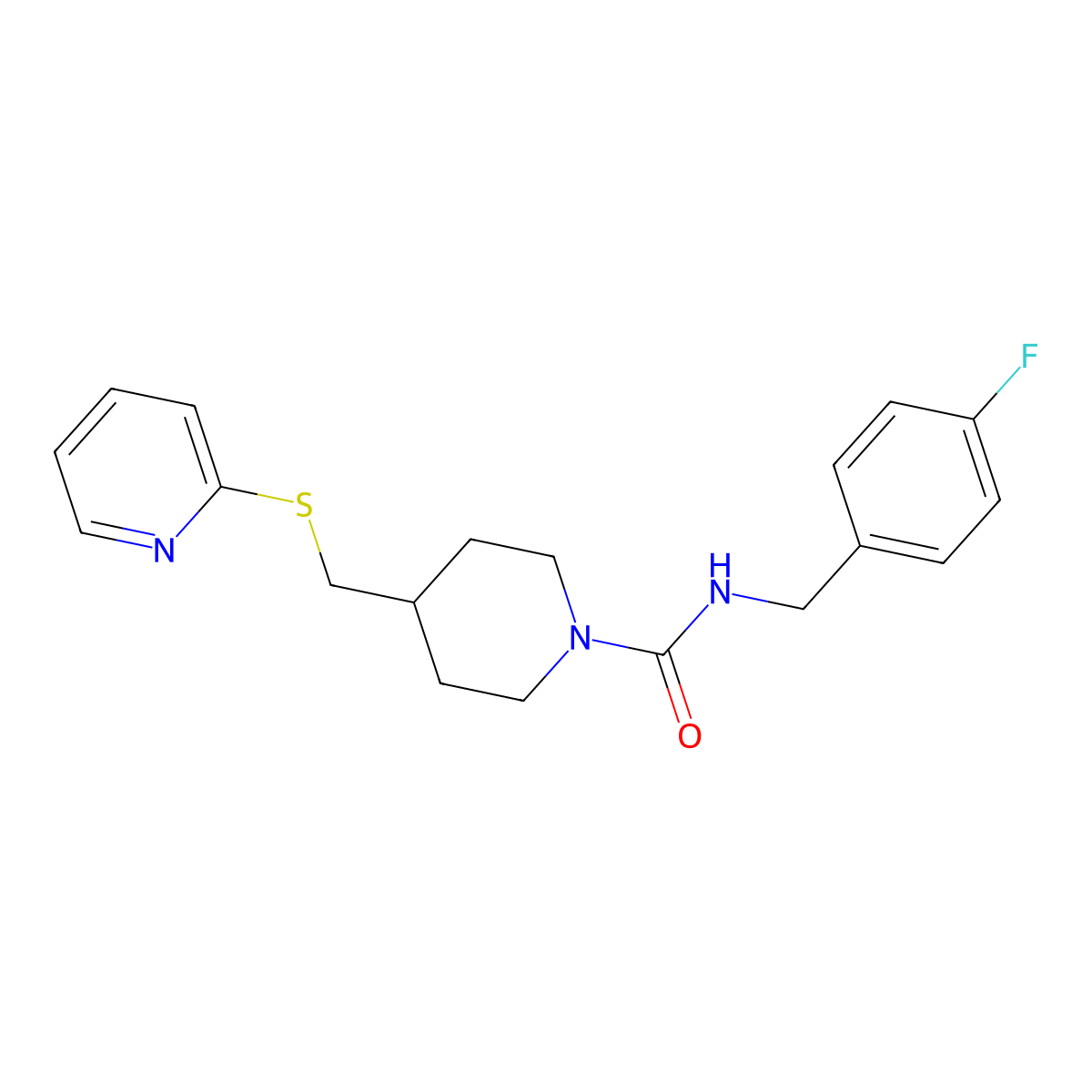 N-(4-fluorobenzyl)-4-((pyridin-2-ylthio)methyl)piperidine-1-carboxamide molecular structure, CAS 1421468-58-7