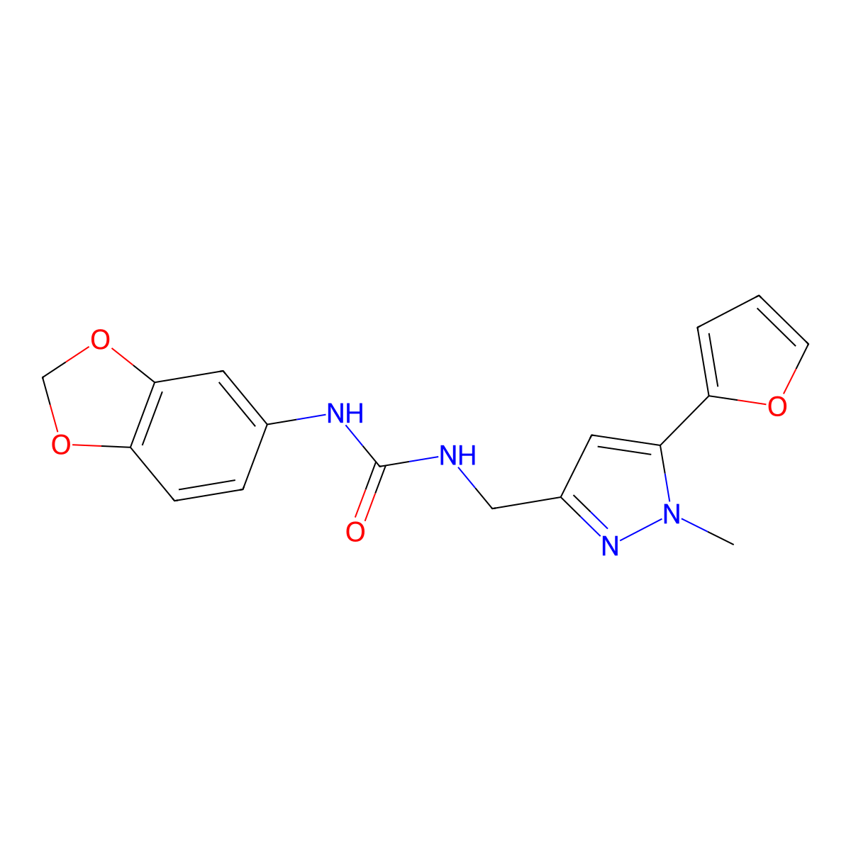 1-(benzo[d][1,3]dioxol-5-yl)-3-((5-(furan-2-yl)-1-methyl-1H-pyrazol-3-yl)methyl)urea molecular structure, CAS 1421468-63-4