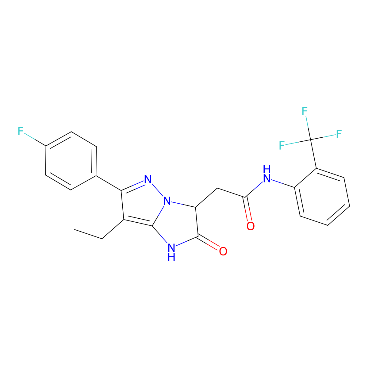 2-(7-ethyl-6-(4-fluorophenyl)-2-oxo-2,3-dihydro-1H-imidazo[1,2-b]pyrazol-3-yl)-N-(2-(trifluoromethyl)phenyl)acetamide molecular structure, CAS 1421468-67-8