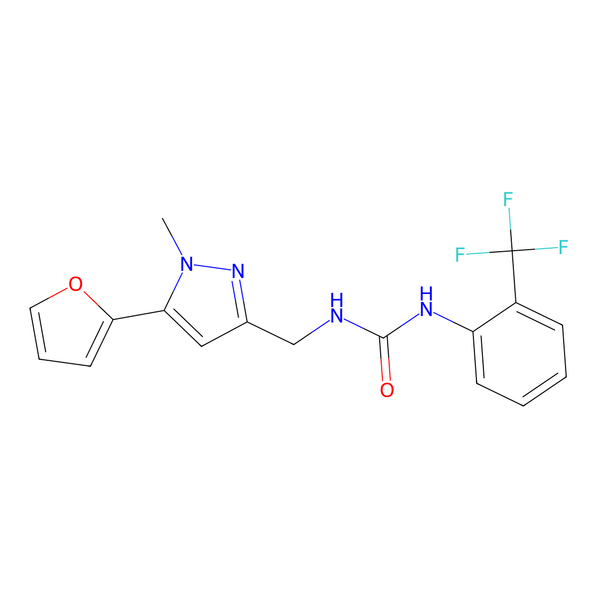 1-((5-(furan-2-yl)-1-methyl-1H-pyrazol-3-yl)methyl)-3-(2-(trifluoromethyl)phenyl)urea molecular structure, CAS 1421468-71-4