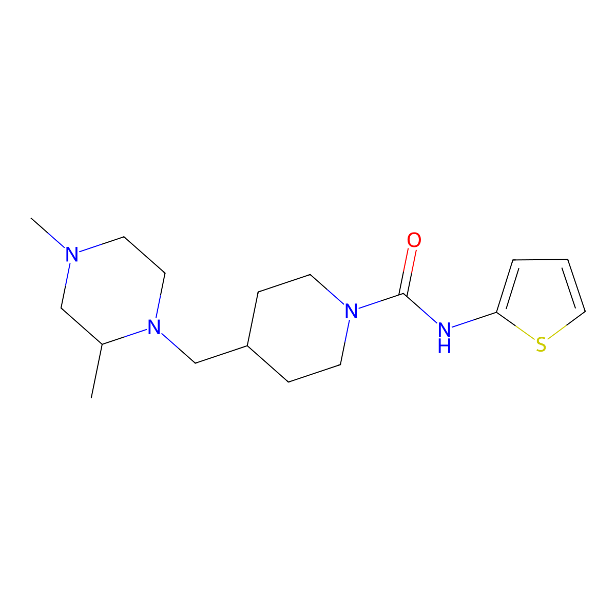 4-((2,4-dimethylpiperazin-1-yl)methyl)-N-(thiophen-2-yl)piperidine-1-carboxamide molecular structure, CAS 1421468-74-7