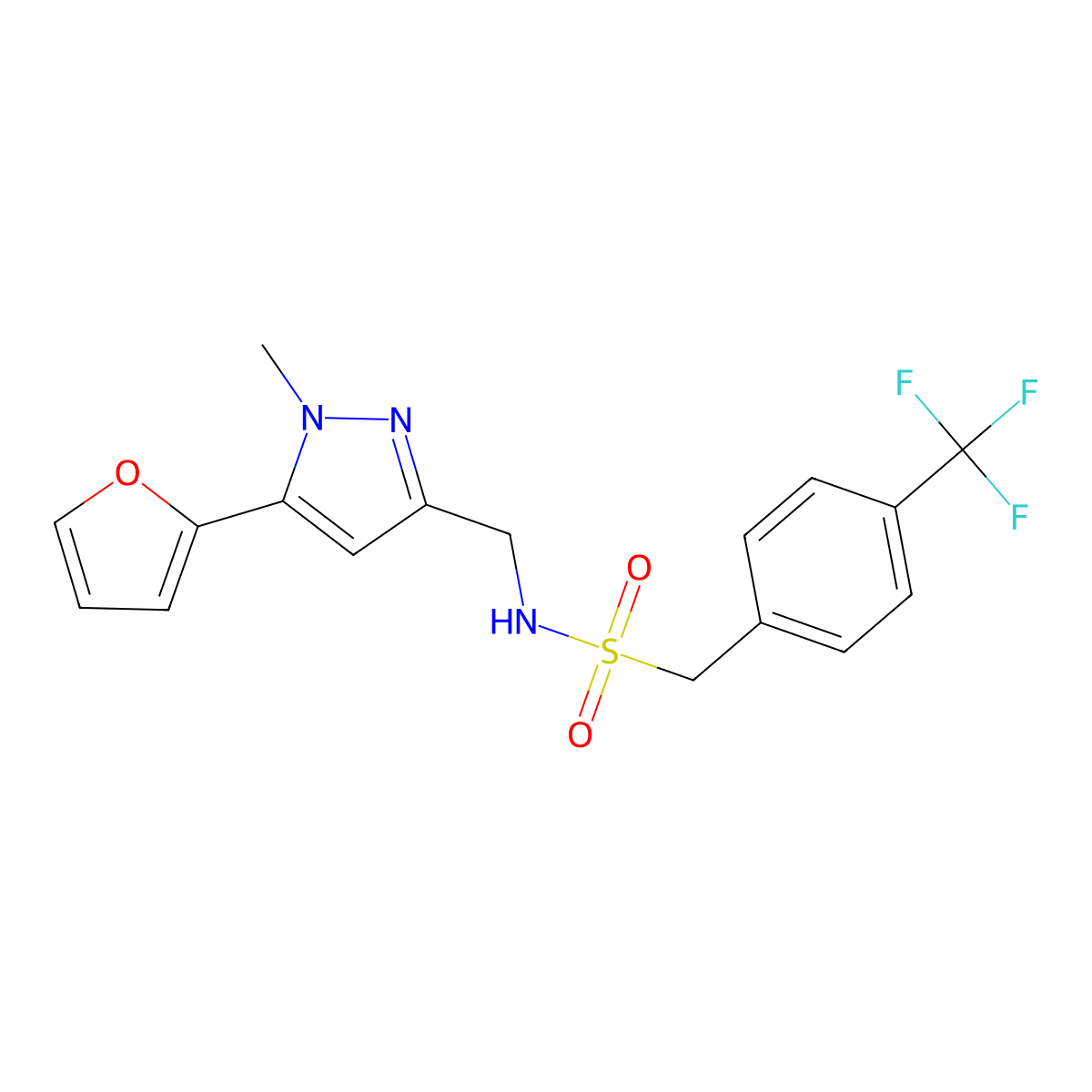 N-{[5-(furan-2-yl)-1-methyl-1H-pyrazol-3-yl]methyl}-1-[4-(trifluoromethyl)phenyl]methanesulfonamide molecular structure, CAS 1421468-80-5