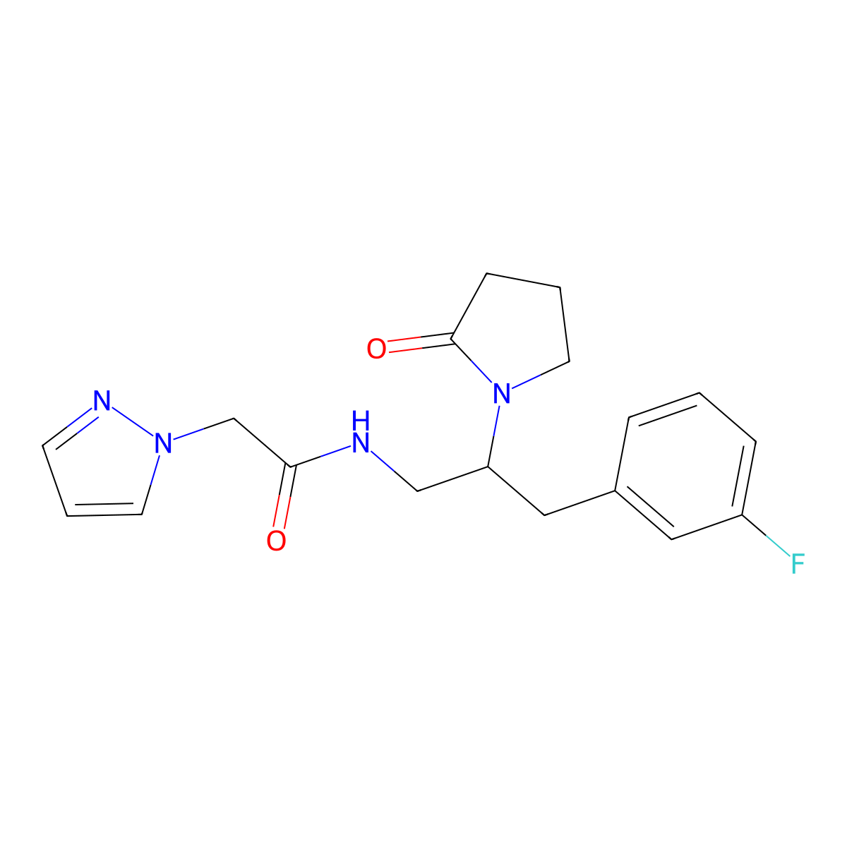 N-[3-(3-fluorophenyl)-2-(2-oxopyrrolidin-1-yl)propyl]-2-(1H-pyrazol-1-yl)acetamide molecular structure, CAS 1421468-89-4