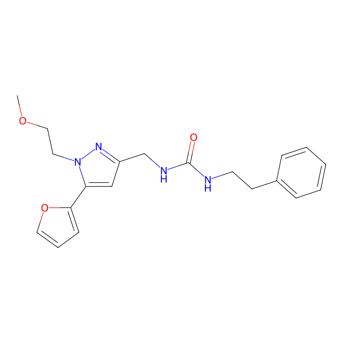 1-((5-(furan-2-yl)-1-(2-methoxyethyl)-1H-pyrazol-3-yl)methyl)-3-phenethylurea molecular structure, CAS 1421468-90-7