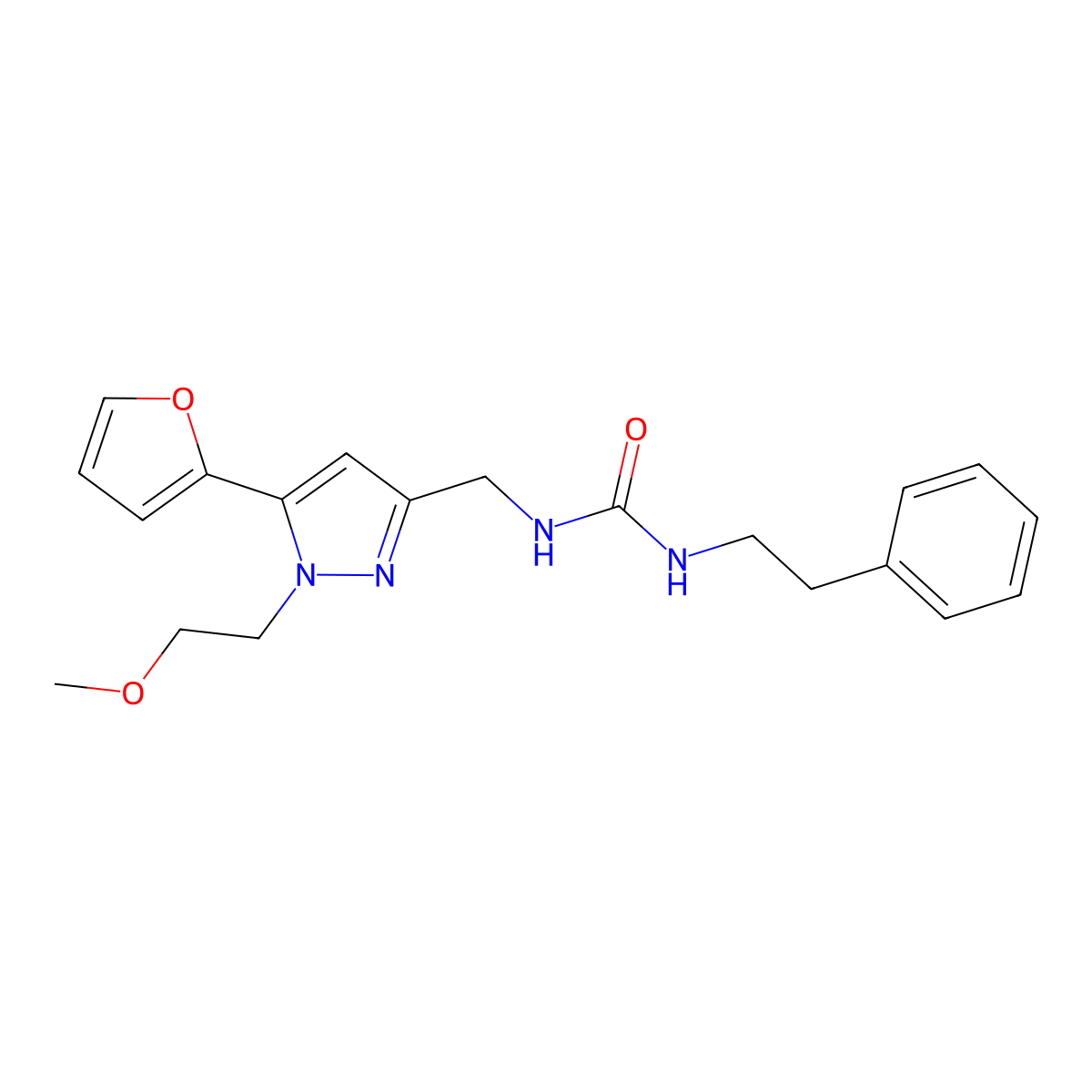 1-((5-(furan-2-yl)-1-(2-methoxyethyl)-1H-pyrazol-3-yl)methyl)-3-phenethylurea molecular structure, CAS 1421468-90-7