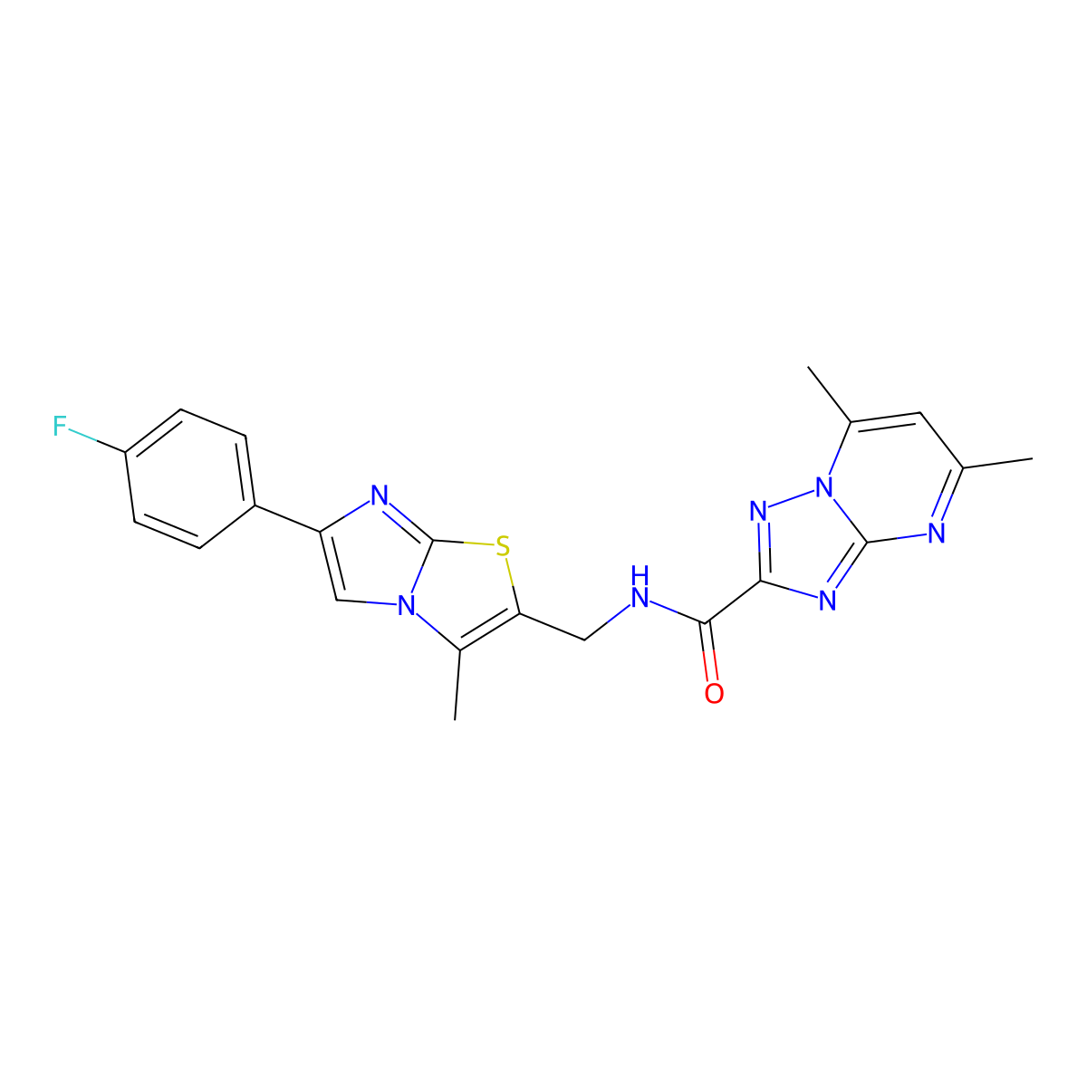 N-((6-(4-fluorophenyl)-3-methylimidazo[2,1-b]thiazol-2-yl)methyl)-5,7-dimethyl-[1,2,4]triazolo[1,5-a]pyrimidine-2-carboxamide molecular structure, CAS 1421468-99-6
