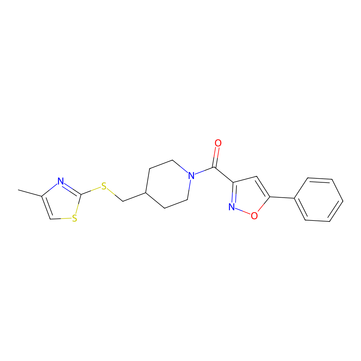 (4-(((4-Methylthiazol-2-yl)thio)methyl)piperidin-1-yl)(5-phenylisoxazol-3-yl)methanone molecular structure, CAS 1421469-14-8
