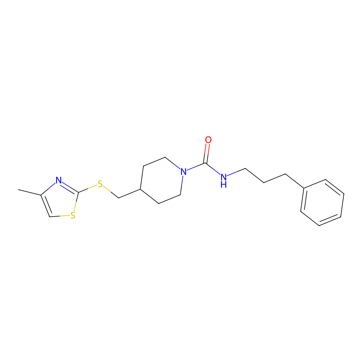 4-(((4-methylthiazol-2-yl)thio)methyl)-N-(3-phenylpropyl)piperidine-1-carboxamide molecular structure, CAS 1421469-28-4