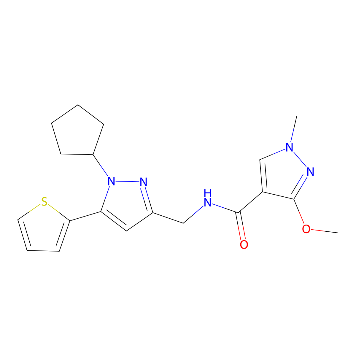 N-{[1-cyclopentyl-5-(thiophen-2-yl)-1H-pyrazol-3-yl]methyl}-3-methoxy-1-methyl-1H-pyrazole-4-carboxamide molecular structure, CAS 1421469-51-3