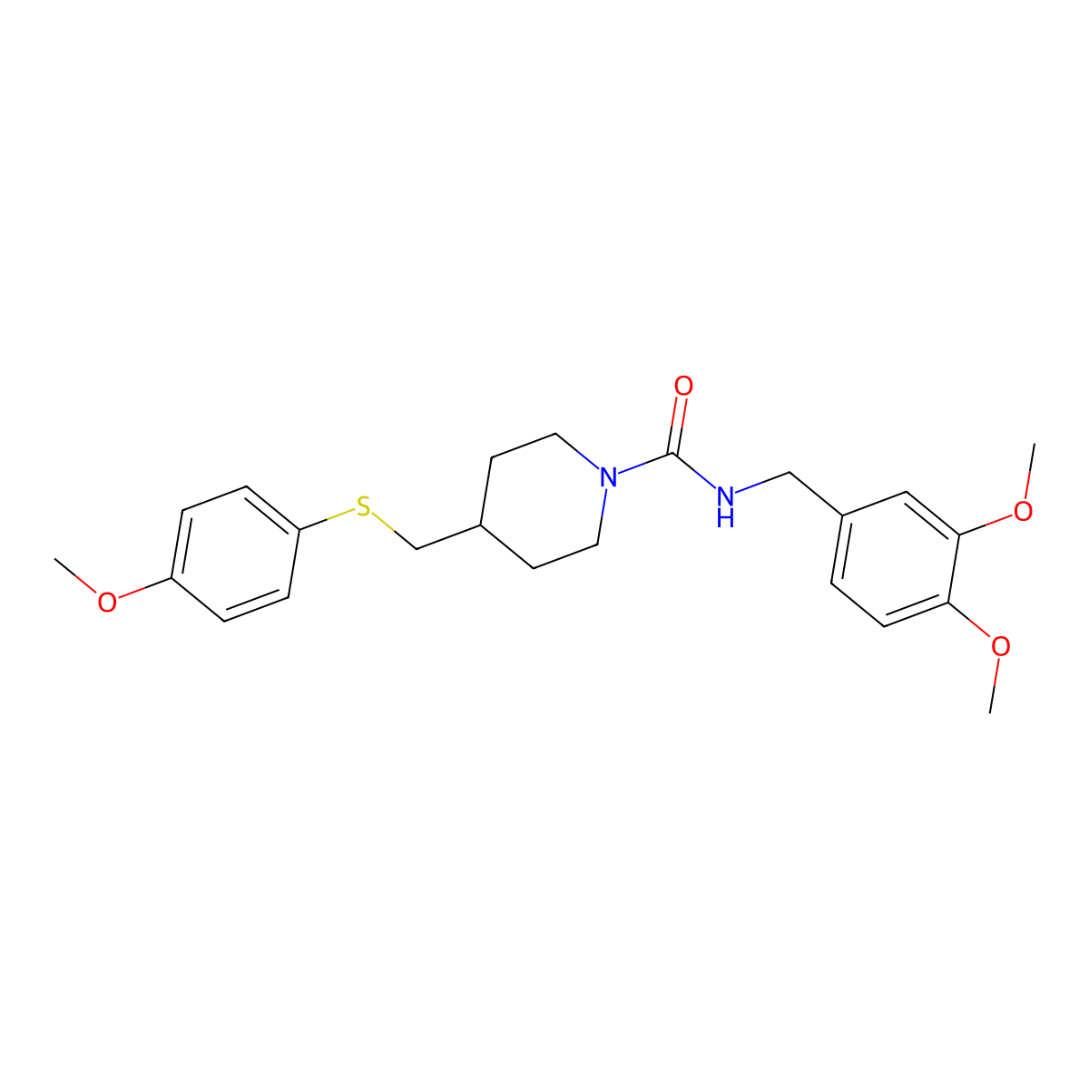 N-(3,4-dimethoxybenzyl)-4-(((4-methoxyphenyl)thio)methyl)piperidine-1-carboxamide molecular structure, CAS 1421469-61-5