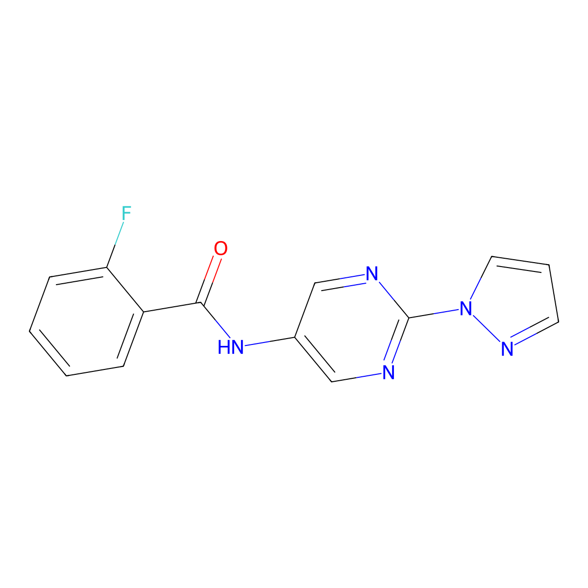 N-(2-(1H-pyrazol-1-yl)pyrimidin-5-yl)-2-fluorobenzamide molecular structure, CAS 1421469-64-8
