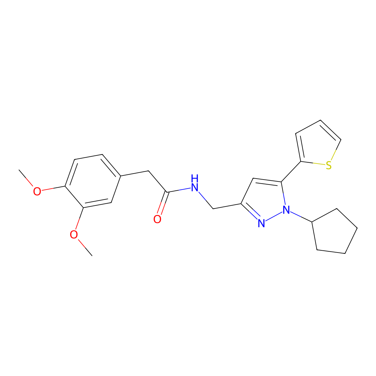 N-((1-cyclopentyl-5-(thiophen-2-yl)-1H-pyrazol-3-yl)methyl)-2-(3,4-dimethoxyphenyl)acetamide molecular structure, CAS 1421471-76-2