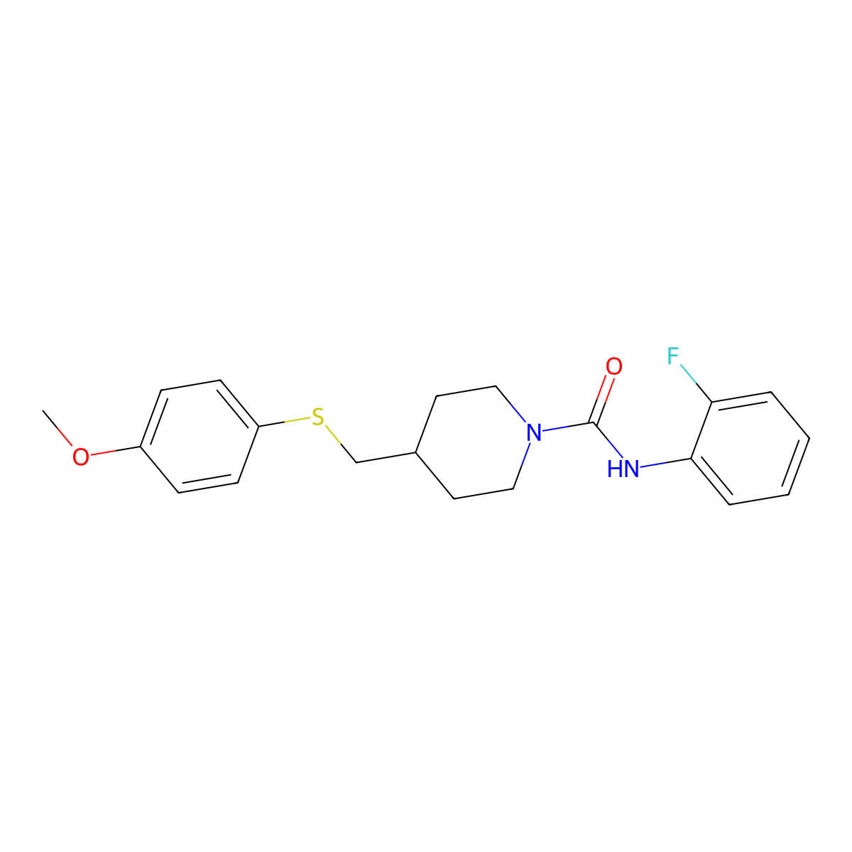 N-(2-fluorophenyl)-4-(((4-methoxyphenyl)thio)methyl)piperidine-1-carboxamide molecular structure, CAS 1421471-80-8
