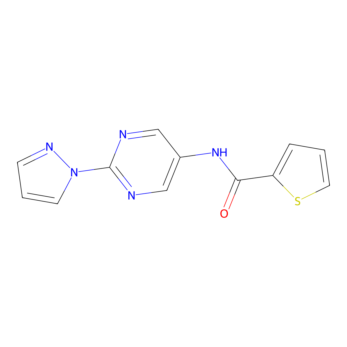 N-[2-(1H-pyrazol-1-yl)pyrimidin-5-yl]thiophene-2-carboxamide molecular structure, CAS 1421471-84-2