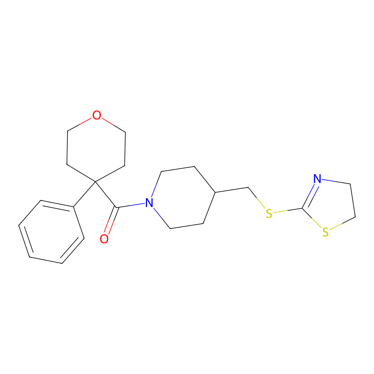 (4-(((4,5-dihydrothiazol-2-yl)thio)methyl)piperidin-1-yl)(4-phenyltetrahydro-2H-pyran-4-yl)methanone molecular structure, CAS 1421472-00-5