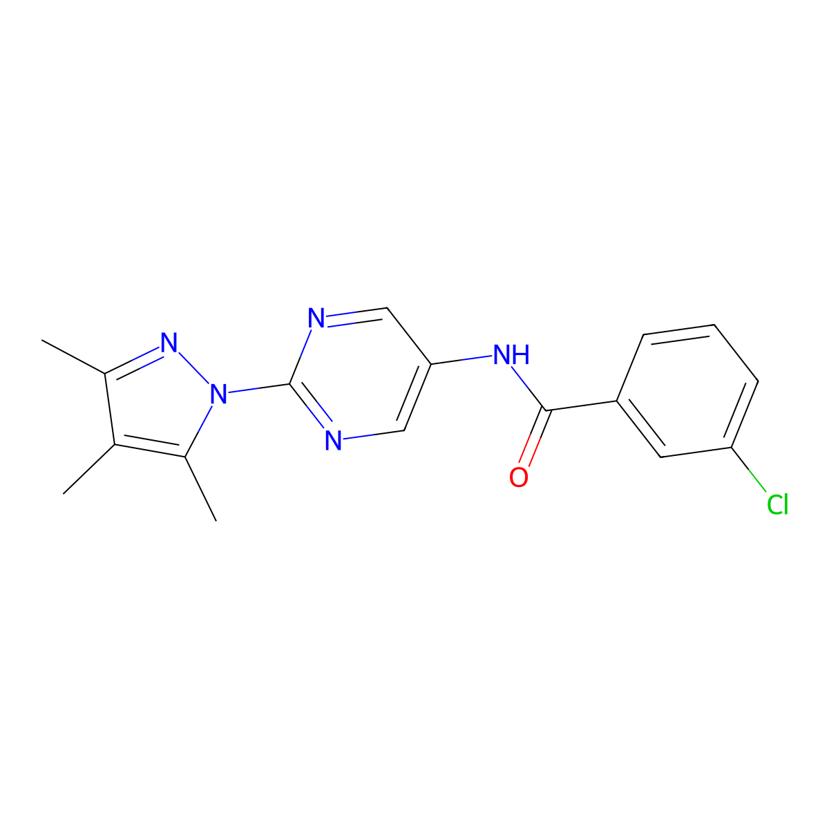 3-chloro-N-[2-(3,4,5-trimethyl-1H-pyrazol-1-yl)pyrimidin-5-yl]benzamide molecular structure, CAS 1421472-05-0