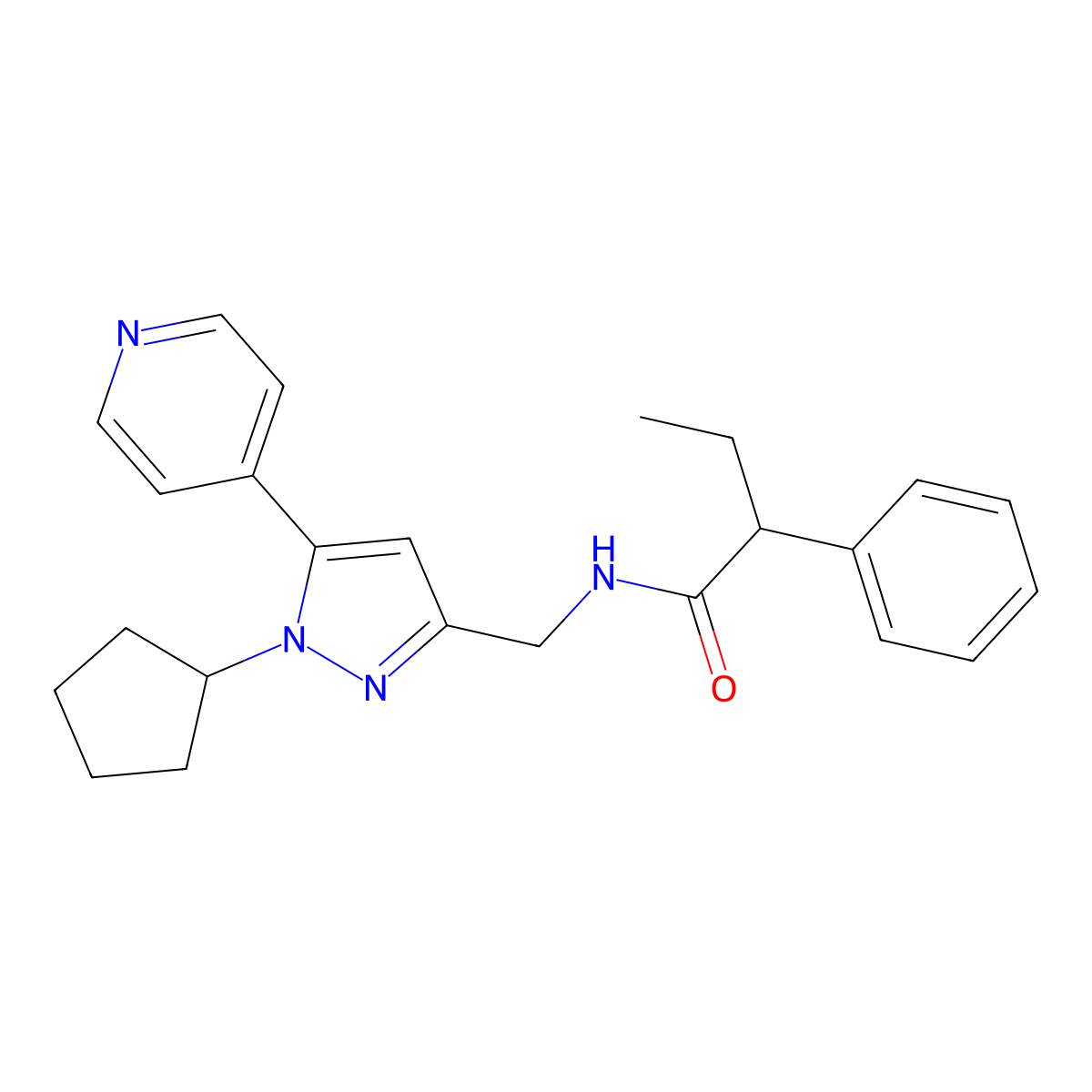 N-{[1-cyclopentyl-5-(pyridin-4-yl)-1H-pyrazol-3-yl]methyl}-2-phenylbutanamide molecular structure, CAS 1421472-08-3