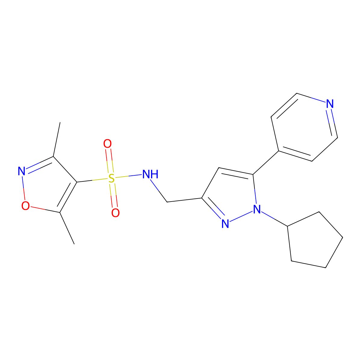 N-((1-cyclopentyl-5-(pyridin-4-yl)-1H-pyrazol-3-yl)methyl)-3,5-dimethylisoxazole-4-sulfonamide molecular structure, CAS 1421472-09-4