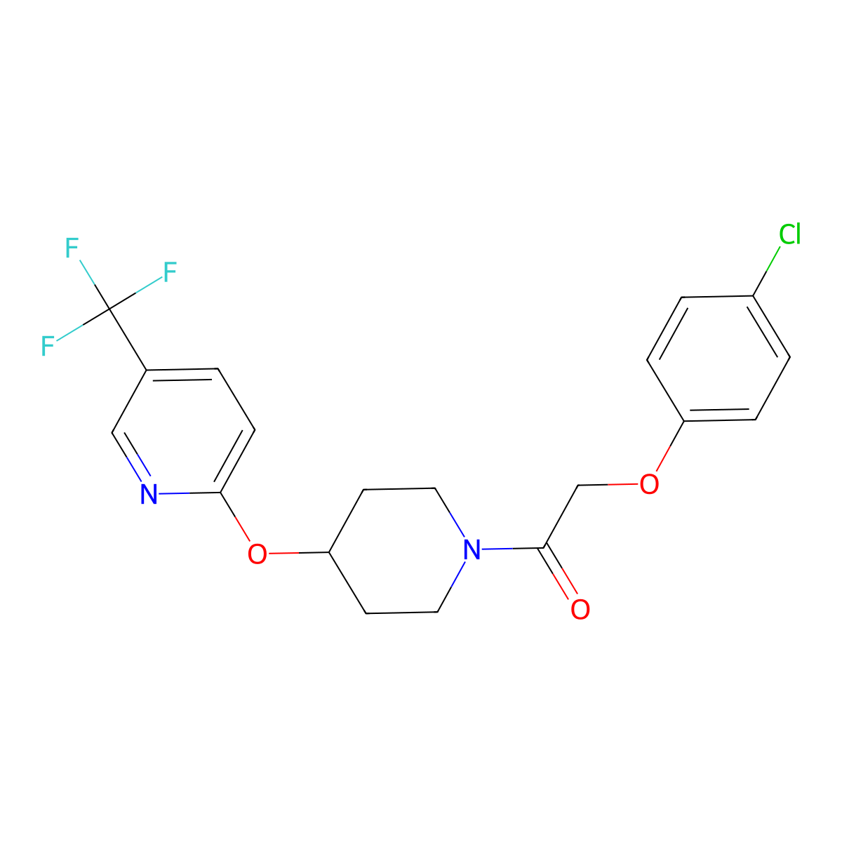 2-(4-Chlorophenoxy)-1-(4-{[5-(trifluoromethyl)pyridin-2-yl]oxy}piperidin-1-yl)ethan-1-one molecular structure, CAS 1421472-90-3