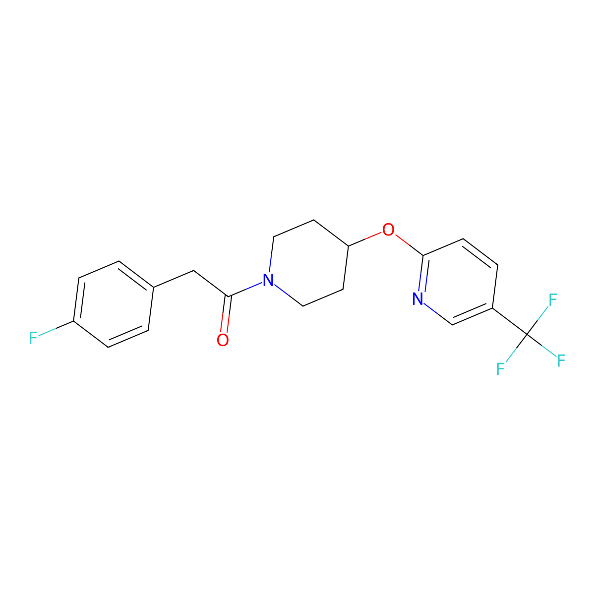 2-(4-Fluorophenyl)-1-(4-((5-(trifluoromethyl)pyridin-2-yl)oxy)piperidin-1-yl)ethanone molecular structure, CAS 1421473-03-1