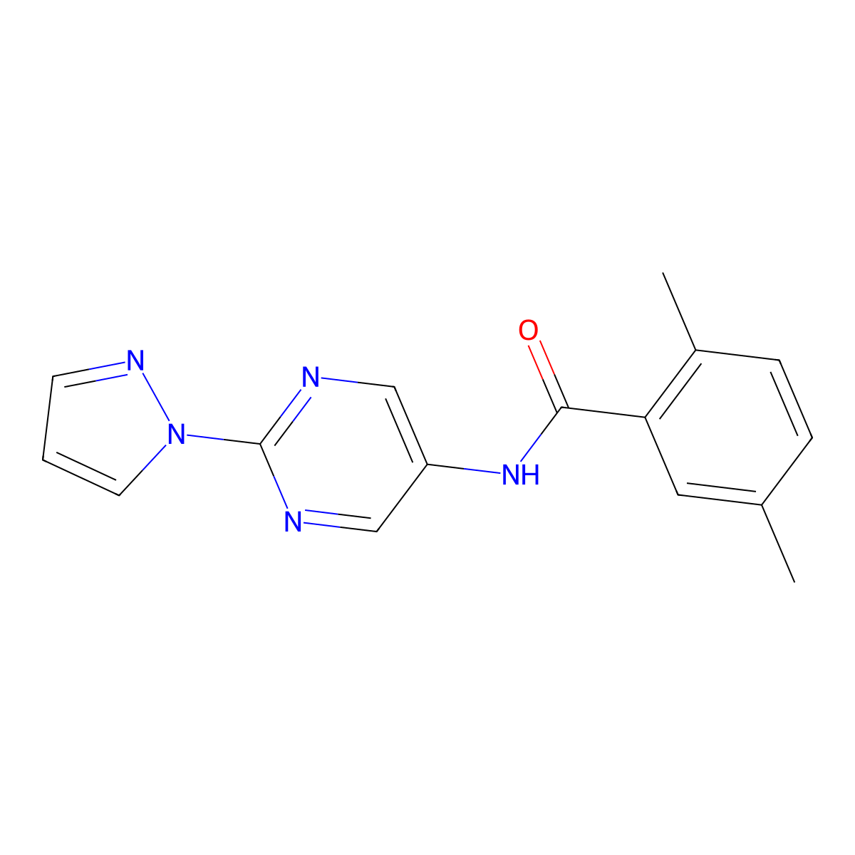 N-(2-(1H-pyrazol-1-yl)pyrimidin-5-yl)-2,5-dimethylbenzamide molecular structure, CAS 1421473-08-6
