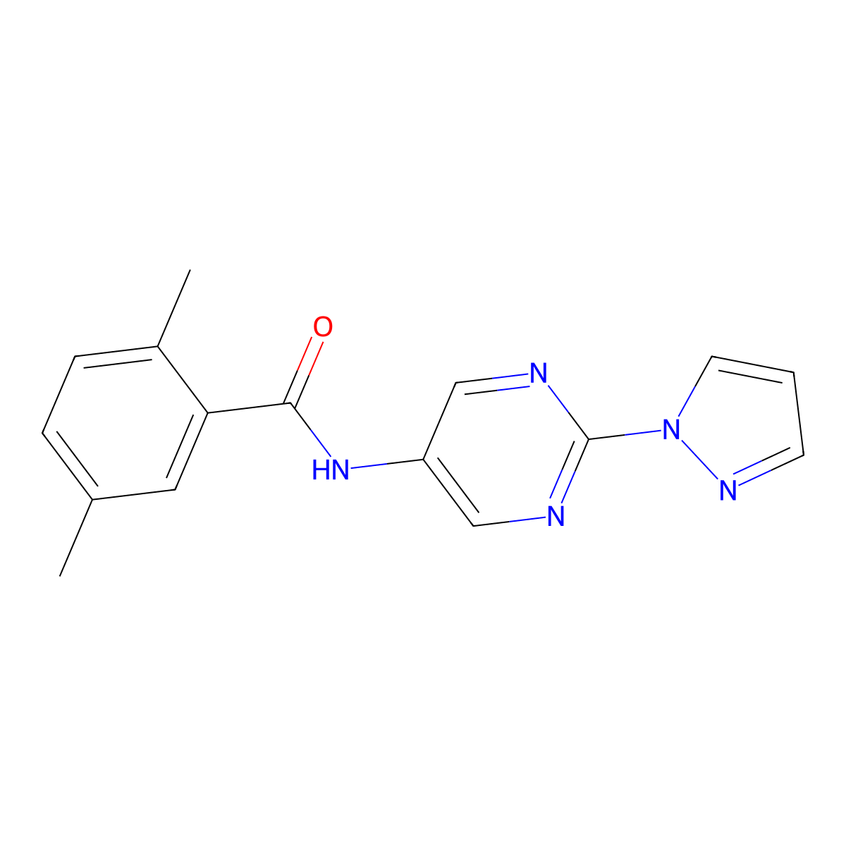 N-(2-(1H-pyrazol-1-yl)pyrimidin-5-yl)-2,5-dimethylbenzamide molecular structure, CAS 1421473-08-6