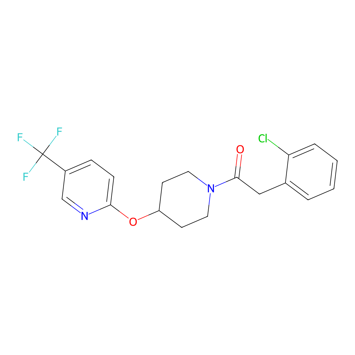 2-(2-Chlorophenyl)-1-(4-((5-(trifluoromethyl)pyridin-2-yl)oxy)piperidin-1-yl)ethanone molecular structure, CAS 1421473-14-4