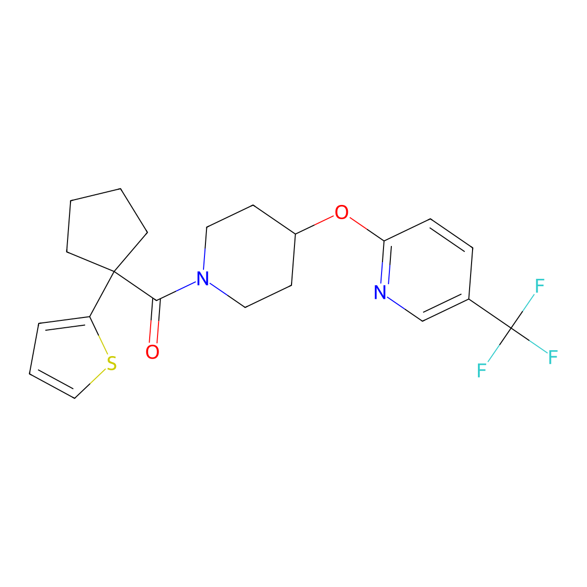 (1-(Thiophen-2-yl)cyclopentyl)(4-((5-(trifluoromethyl)pyridin-2-yl)oxy)piperidin-1-yl)methanone molecular structure, CAS 1421473-21-3