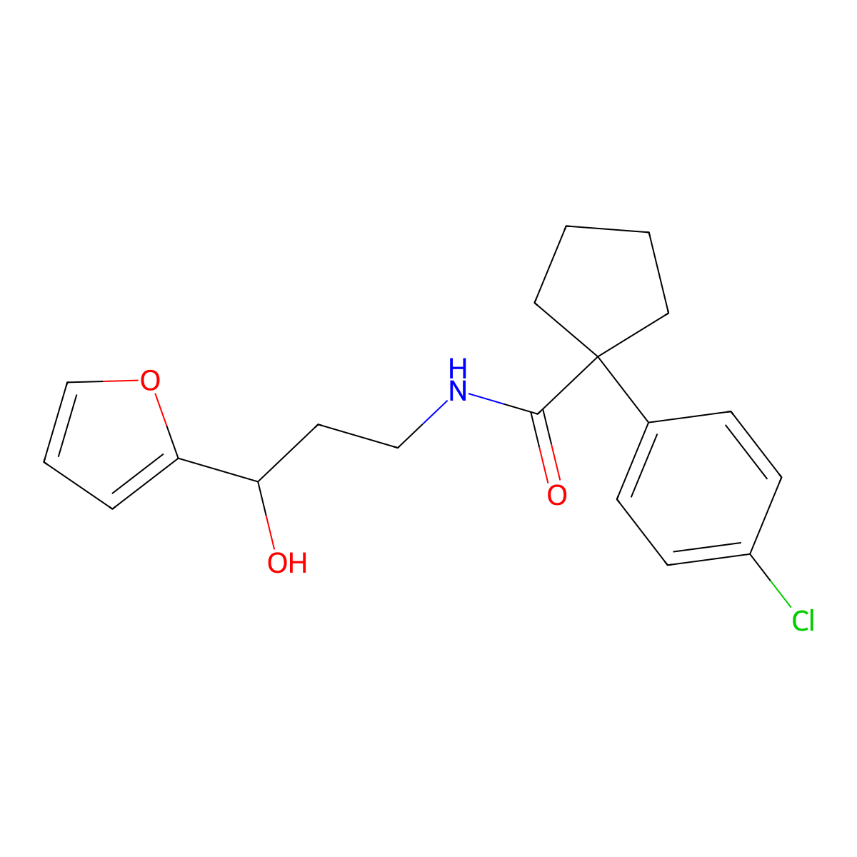 1-(4-chlorophenyl)-N-(3-(furan-2-yl)-3-hydroxypropyl)cyclopentanecarboxamide molecular structure, CAS 1421473-46-2