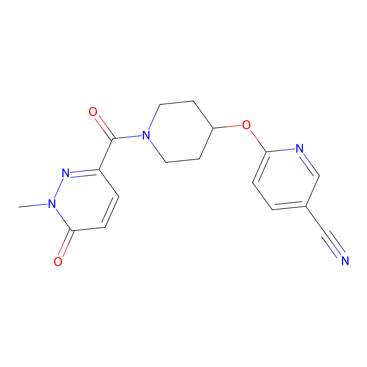 6-((1-(1-Methyl-6-oxo-1,6-dihydropyridazine-3-carbonyl)piperidin-4-yl)oxy)nicotinonitrile molecular structure, CAS 1421473-47-3