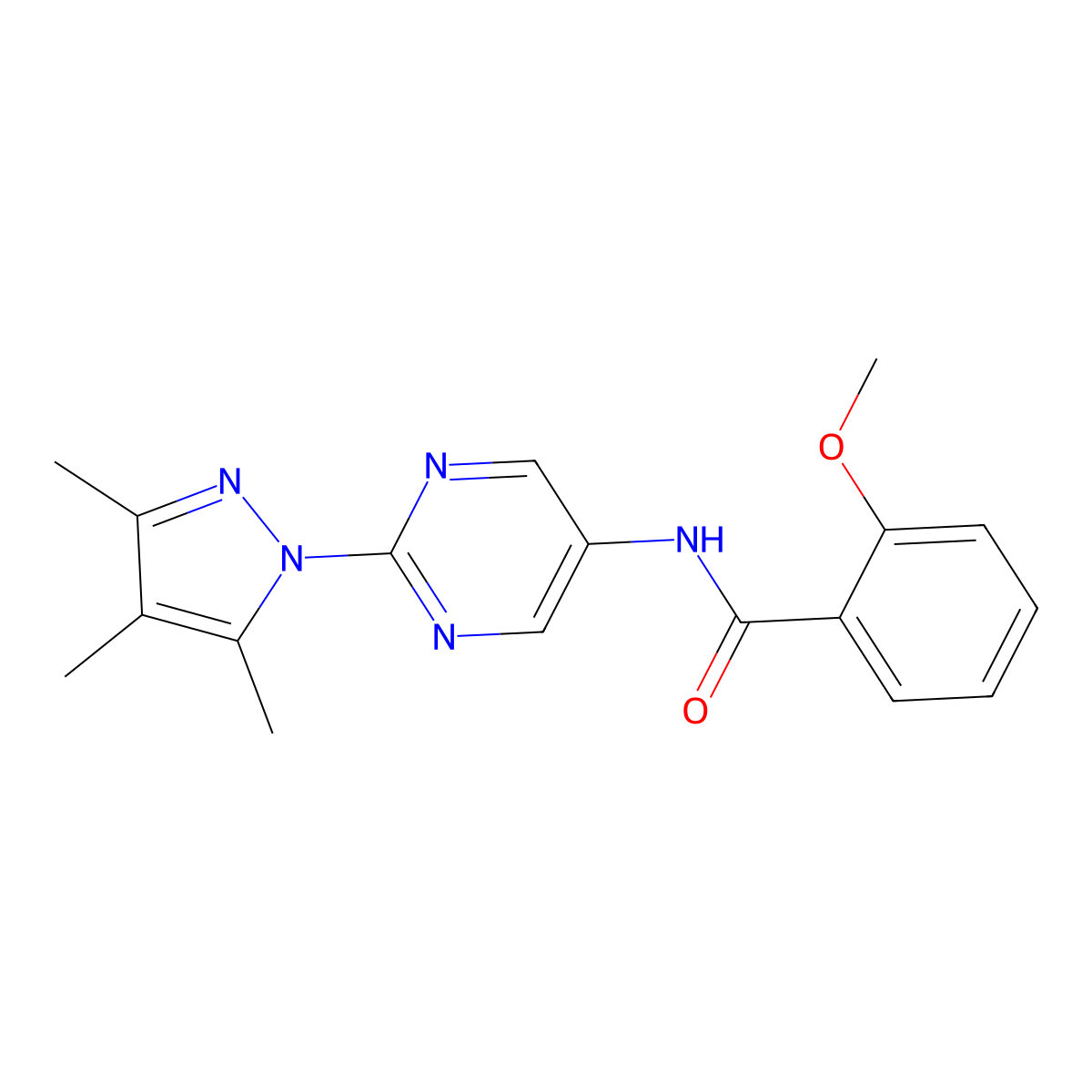 2-methoxy-N-(2-(3,4,5-trimethyl-1H-pyrazol-1-yl)pyrimidin-5-yl)benzamide molecular structure, CAS 1421473-57-5
