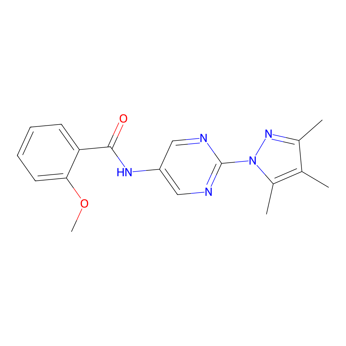 2-methoxy-N-(2-(3,4,5-trimethyl-1H-pyrazol-1-yl)pyrimidin-5-yl)benzamide molecular structure, CAS 1421473-57-5