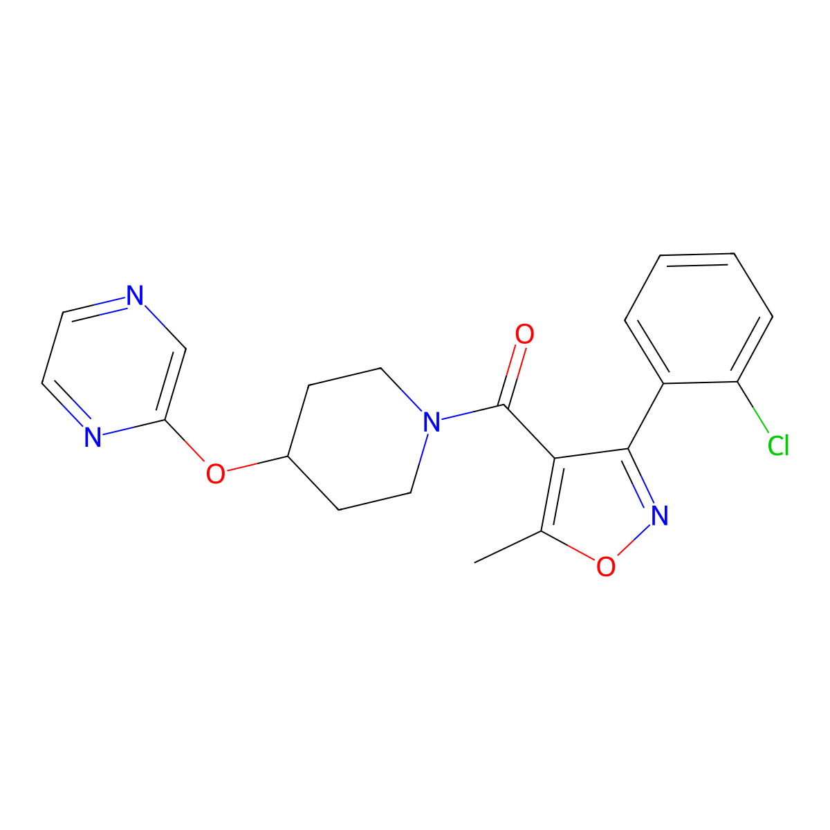 (3-(2-Chlorophenyl)-5-methylisoxazol-4-yl)(4-(pyrazin-2-yloxy)piperidin-1-yl)methanone molecular structure, CAS 1421473-66-6